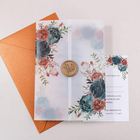 Turquoise Dark Teal and Coral Floral Acrylic Wedding Invitation CWIA132